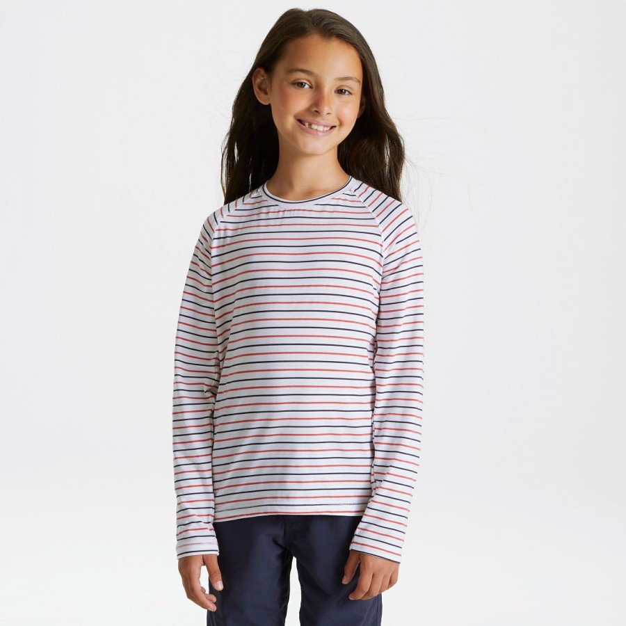 Kids Craghoppers Long Sleeve | Kid'S Nosilife Paola Long Sleeved T-Shirt - Blue Navy / Pompeian Red Stripe