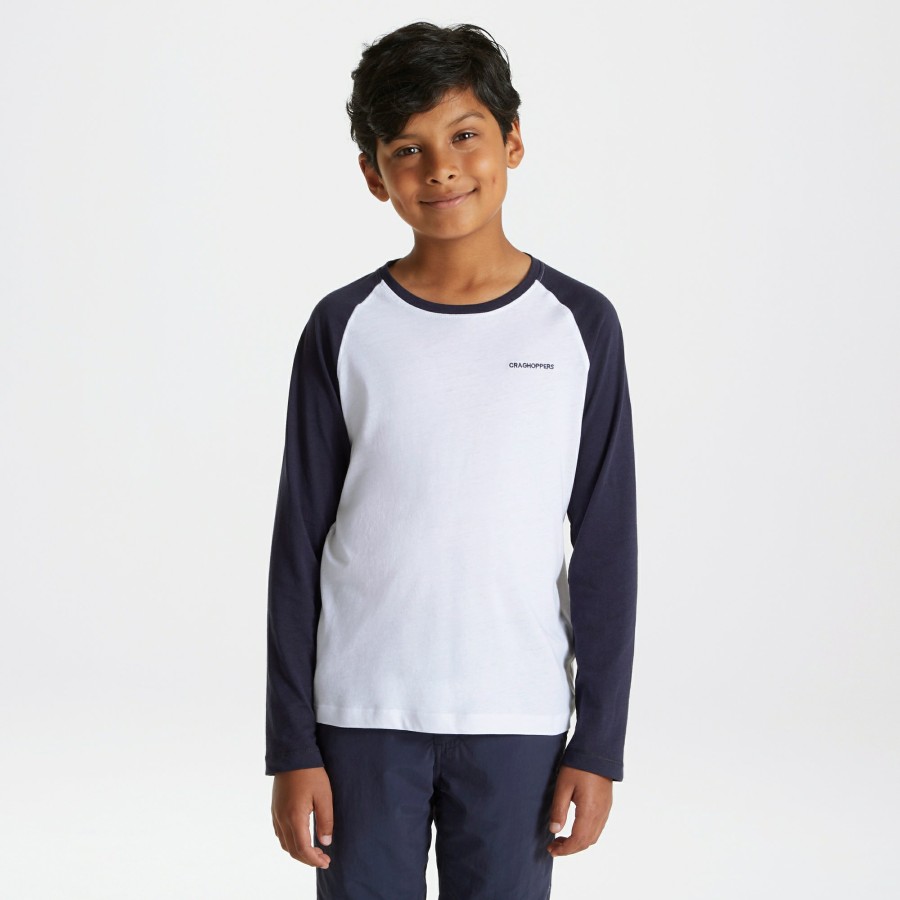 Kids Craghoppers Long Sleeve | Nosibotanical Abbott Long Sleeved T-Shirt - Optic White / Blue Navy