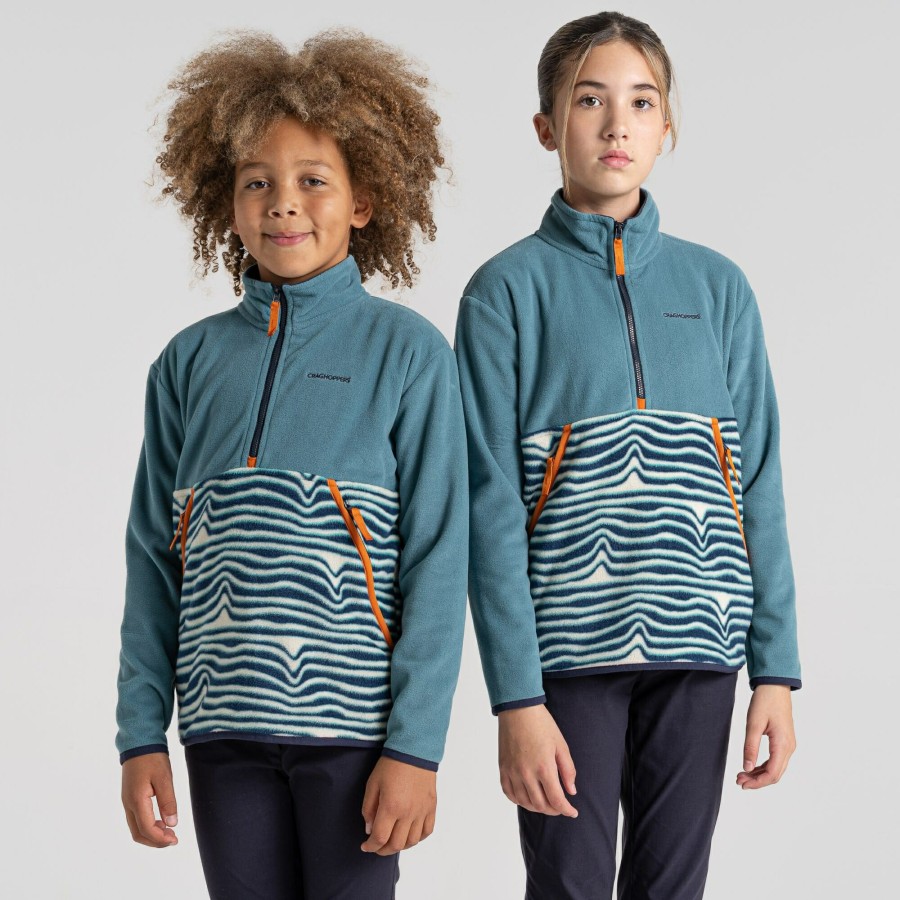 Kids Craghoppers Half Zip Fleece | Kid'S Valo Half Zip Fleece - Washed Teal / Poseidon Blue Print