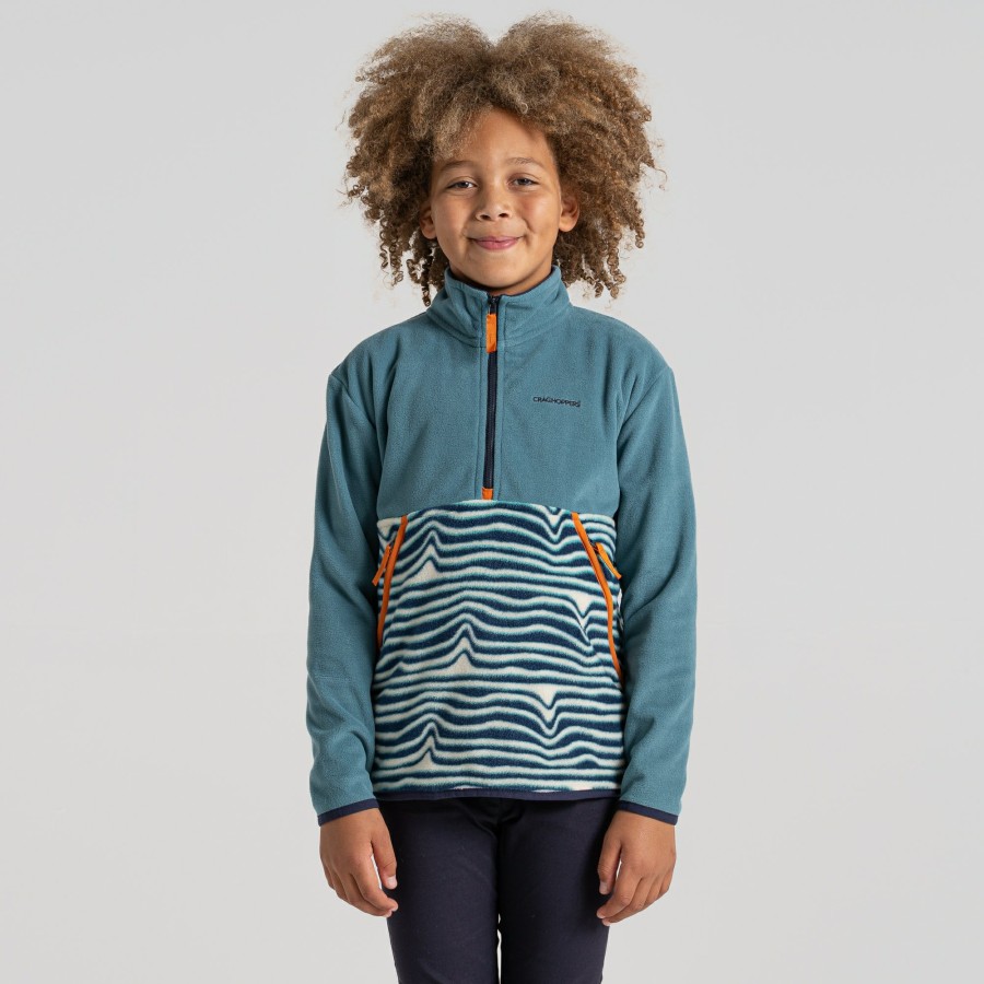 Kids Craghoppers Half Zip Fleece | Kid'S Valo Half Zip Fleece - Washed Teal / Poseidon Blue Print