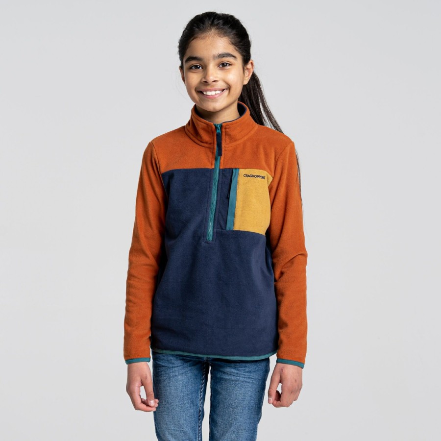 Kids Craghoppers Half Zip Fleece | Kid'S Tama Half Zip Fleece - Potters Clay / Blue Navy