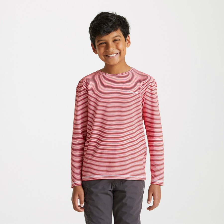 Kids Craghoppers Long Sleeve | Kid'S Nosilife Jago Long Sleeved T-Shirt - Pompeian Red Stripe