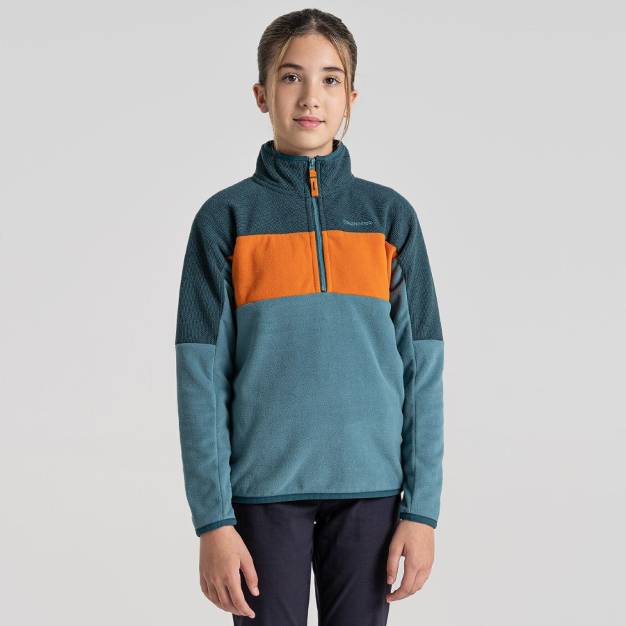 Kids Craghoppers Half Zip Fleece | Kid'S Linden Half Zip Fleece - Washed Teal / Dark Aegean Blue