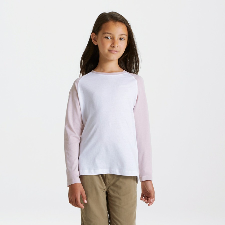 Kids Craghoppers Long Sleeve | Nosibotanical Abbott Long Sleeved T-Shirt - Optic White / Brushed Lilac