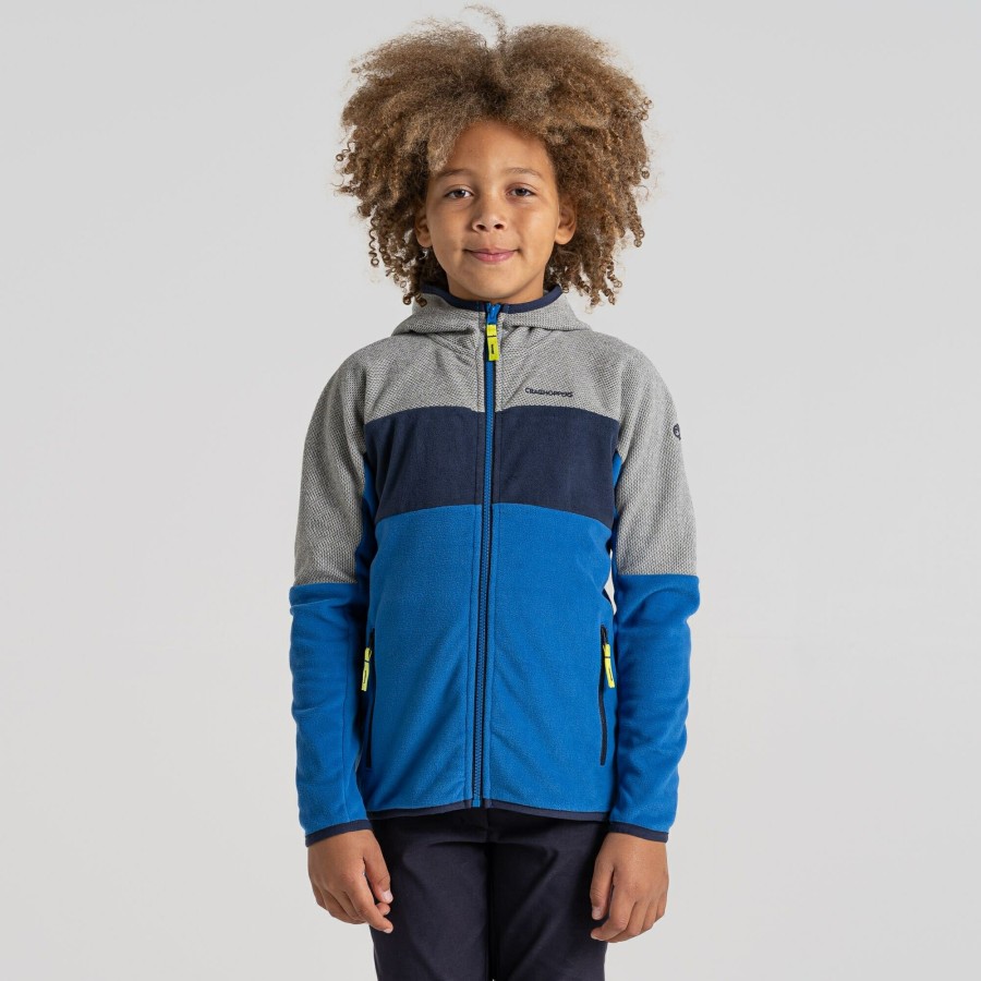 Kids Craghoppers Full Zip Fleece | Kid'S Linden Hooded Fleece Jacket - Bolt Blue / Soft Grey Marl